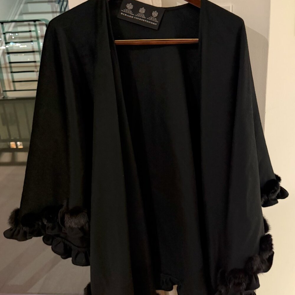 Birger Christensen Copenhagen Black Shawl Cape with Mink Fur Trim, Royal Furrier